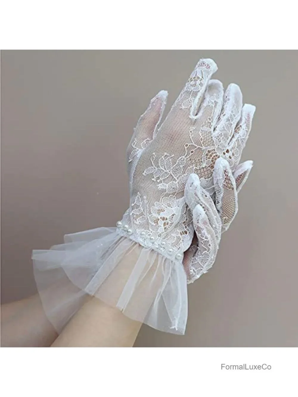 Lace Mesh Short Gloves with Pearls for Wedding Opera Tea Party